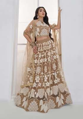 Beige Net Lehenga Set with Embroidered for Diwali | Wedding & Festive Wear