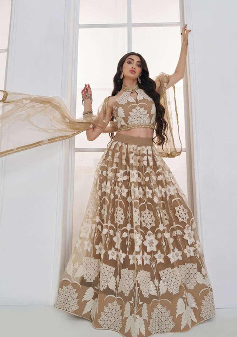 Beige Embroidered Net Lehenga Set - Indya