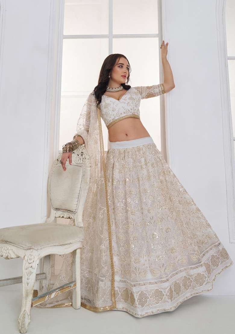Off White Embroidered Net Lehenga Set for Diwali and Festive Wear - Indya