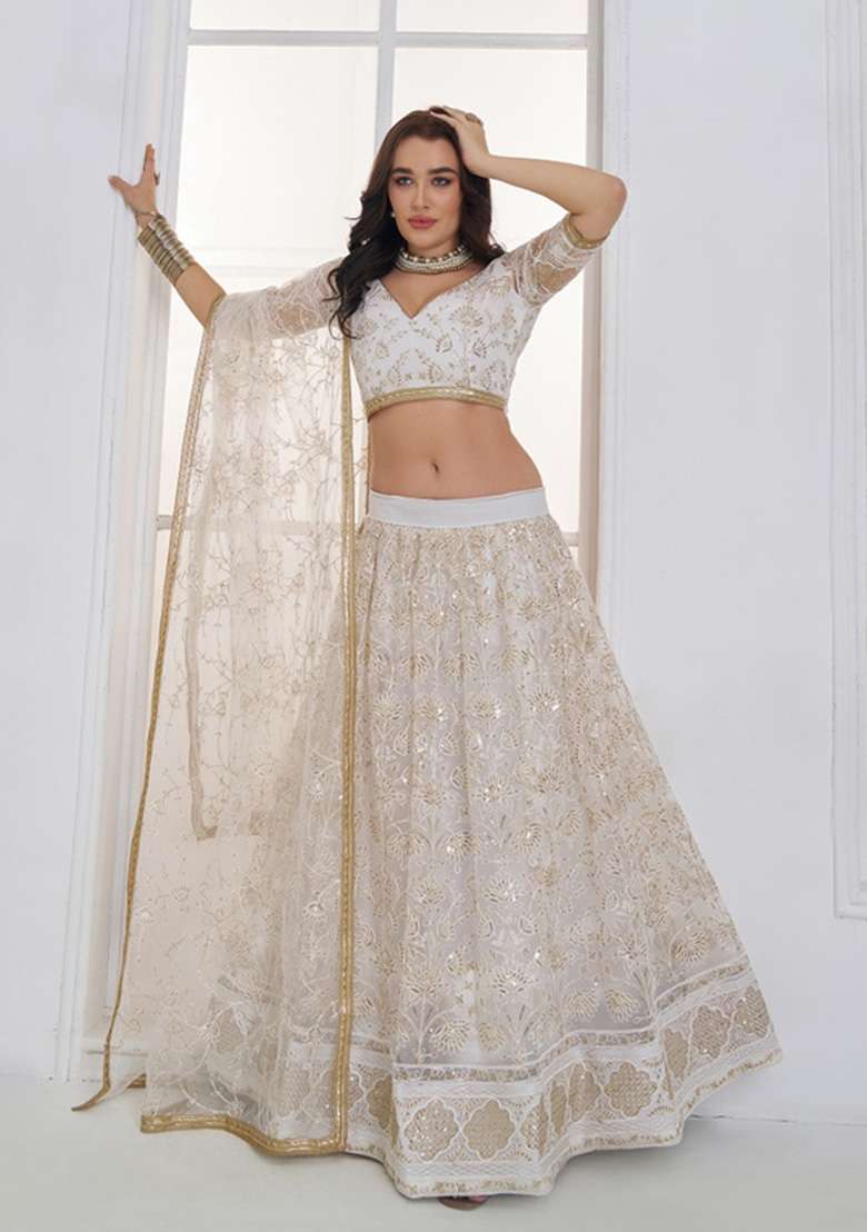 Off White Embroidered Net Lehenga Set for Diwali and Festive Wear - Indya