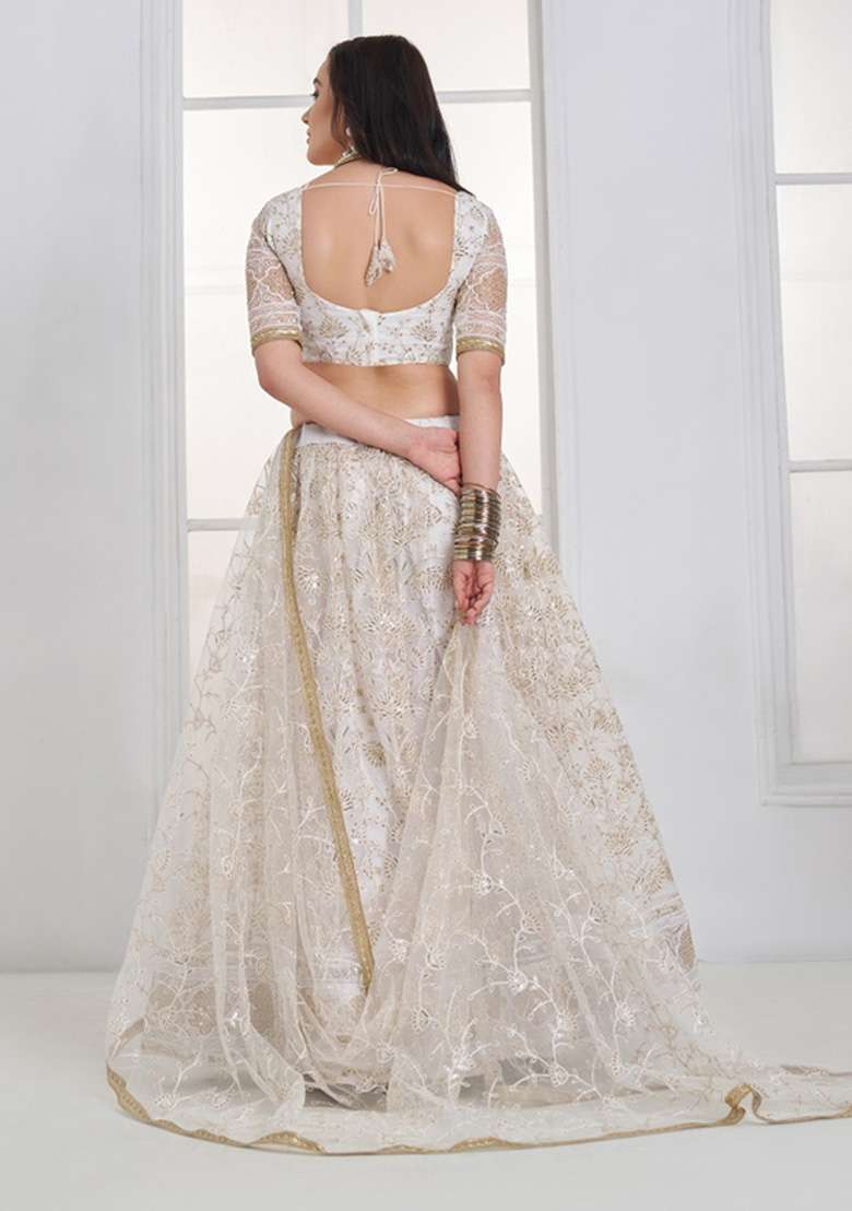 Off White Embroidered Net Lehenga Set for Diwali and Festive Wear - Indya