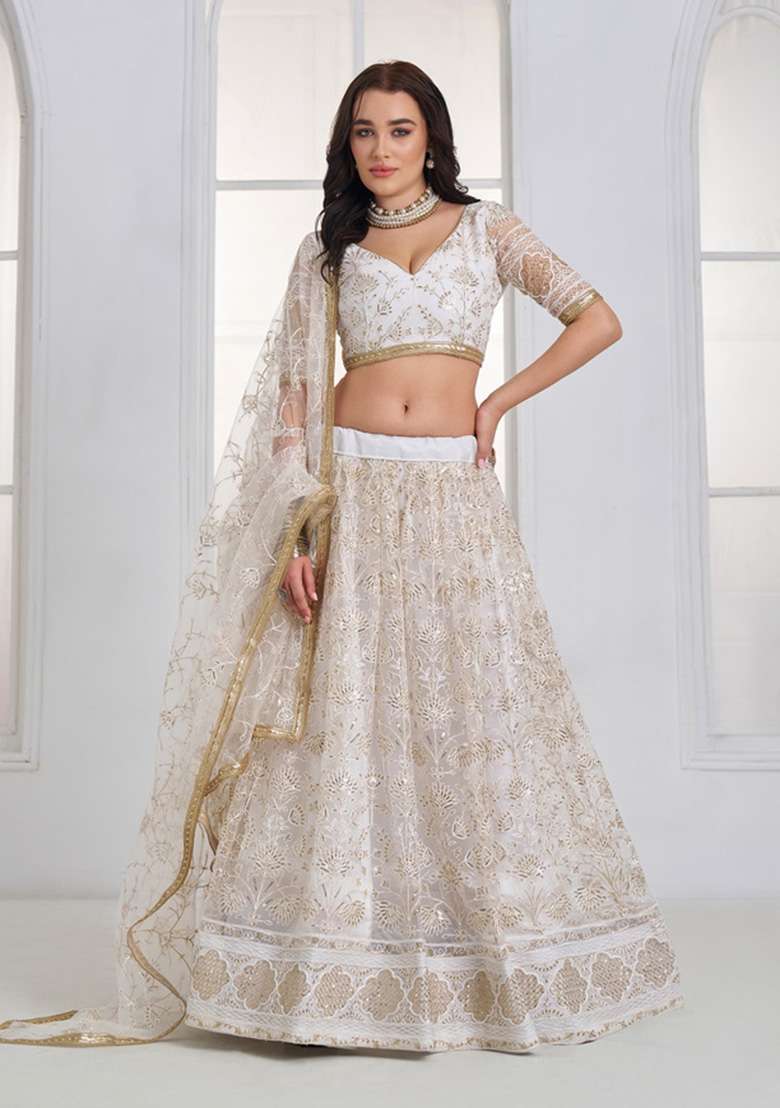 Off White Embroidered Net Lehenga Set for Diwali and Festive Wear - Indya