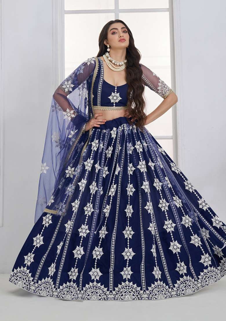 Navy Blue Embroidered Net Lehenga Set for Diwali and Festive Wear - Indya