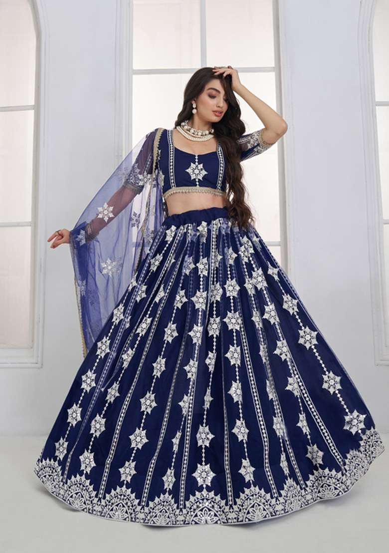 Navy Blue Embroidered Net Lehenga Set for Diwali and Festive Wear - Indya