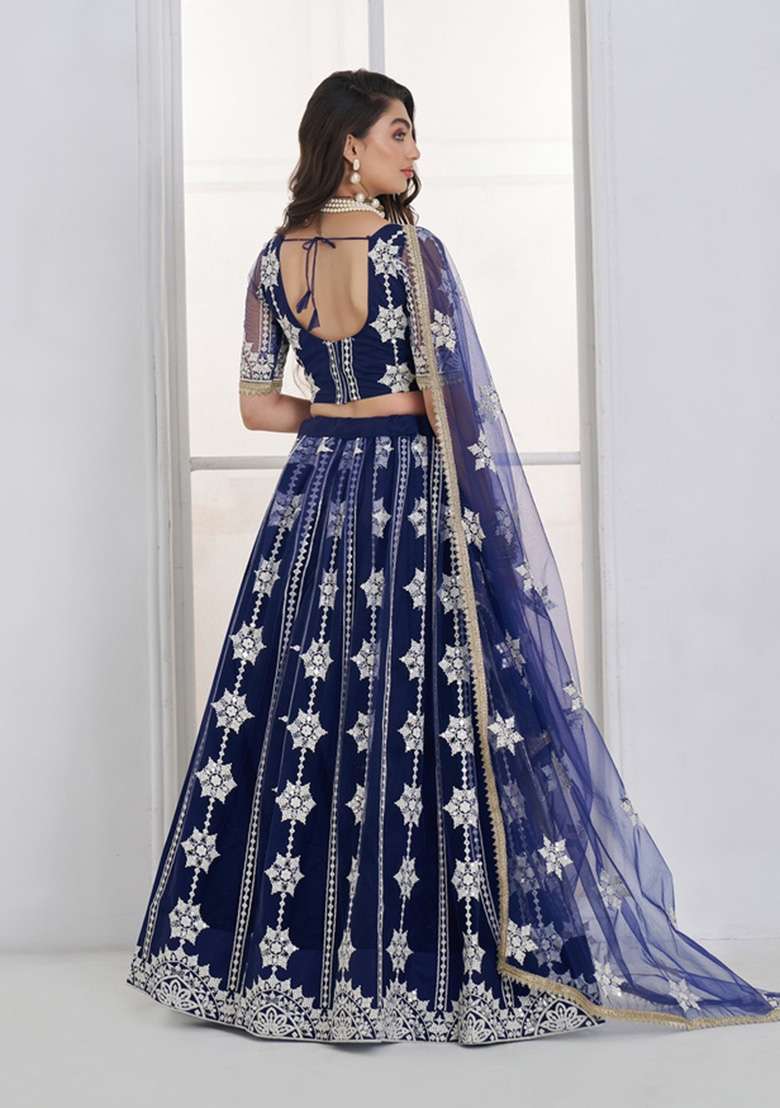 Navy Blue Embroidered Net Lehenga Set for Diwali and Festive Wear - Indya