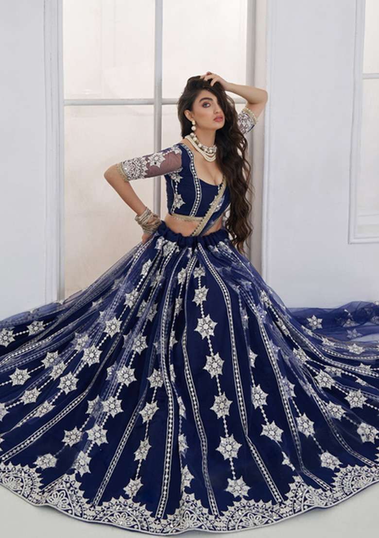 Navy Blue Embroidered Net Lehenga Set for Diwali and Festive Wear - Indya