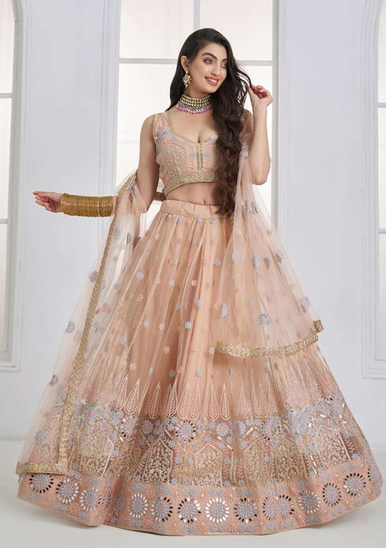 Peach Embroidered Net Lehenga Set for Diwali and Festive Wear - Indya
