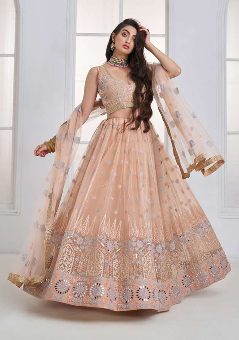 Peach Embroidered Net Lehenga Set for Diwali and Festive Wear - Indya