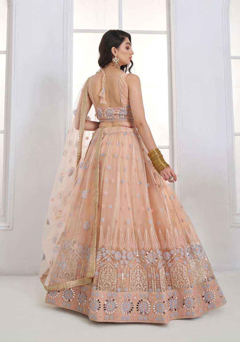 Peach Embroidered Net Lehenga Set for Diwali and Festive Wear - Indya