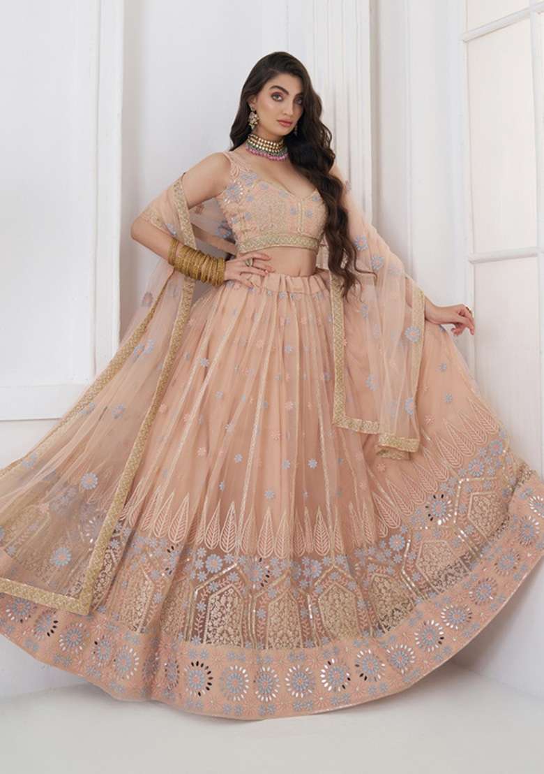 Peach Embroidered Net Lehenga Set for Diwali and Festive Wear - Indya