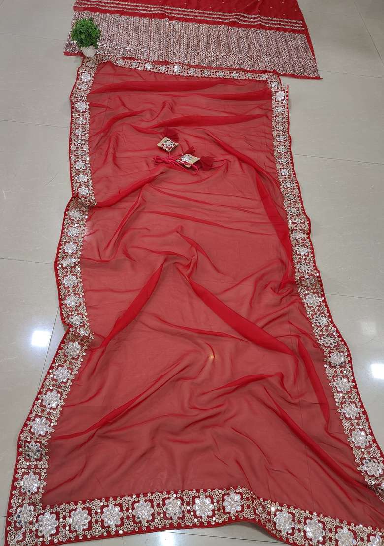 Red Zari Work Organza Lehenga Set - Indya