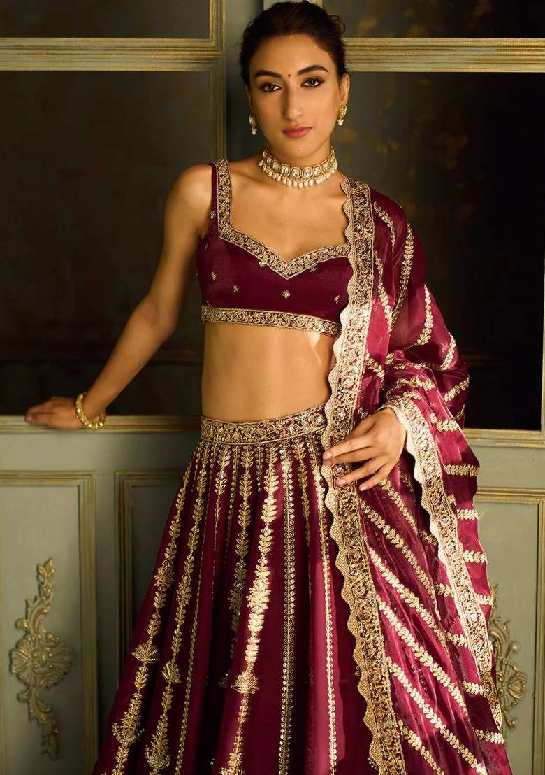 Maroon Sequin Work Silk Lehenga Set for Diwali and Festive Wear - Indya