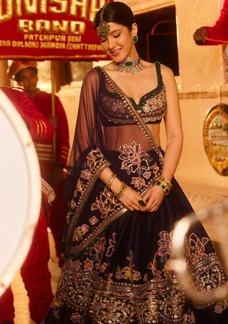 Wine Sequin Work Silk Lehenga Set - Indya