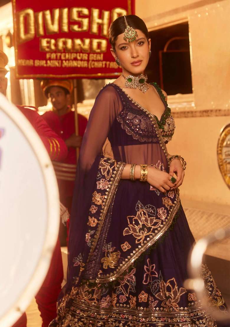 Wine Sequin Work Silk Lehenga Set - Indya