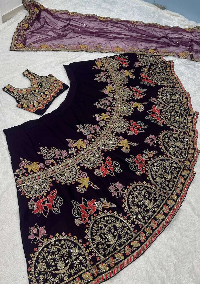 Wine Sequin Work Silk Lehenga Set - Indya