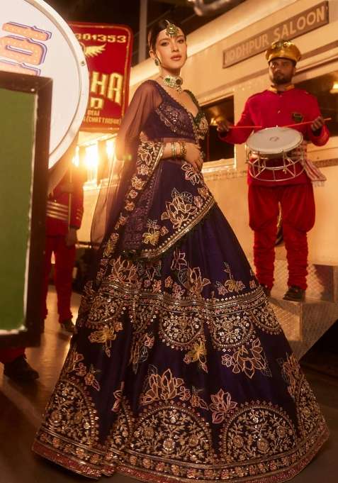 Wine Sequin Work Silk Lehenga Set