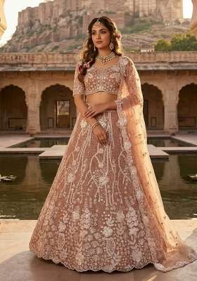 Beige Work Net Lehenga Set with Sequin for Diwali | Wedding & Festive Wear