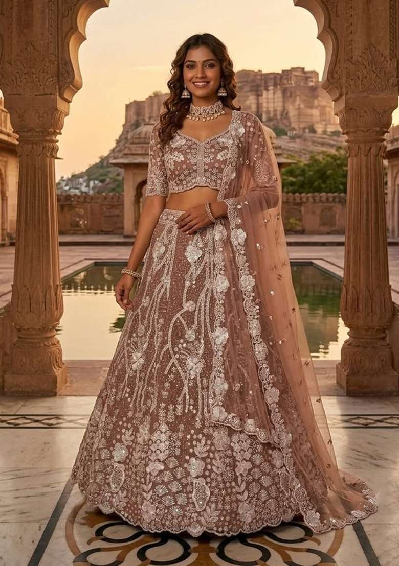 Beige Sequin Work Net Lehenga Set - Indya