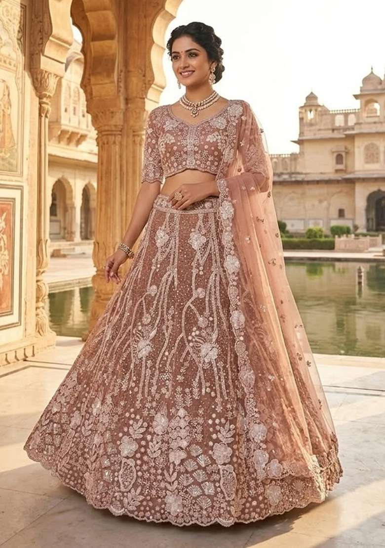 Beige Sequin Work Net Lehenga Set - Indya