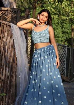 Dark Sky Blue Georgette Lehenga Set with Embroidered for Diwali | Wedding & Festive Wear