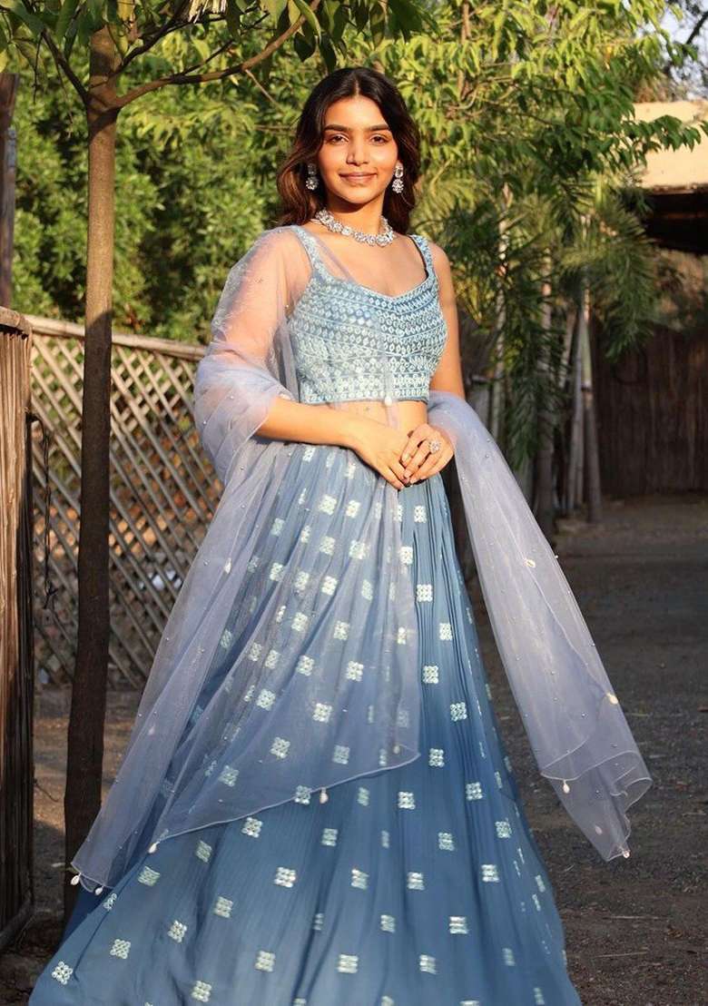 Dark Sky Blue Embroidered Georgette Lehenga Set - Indya