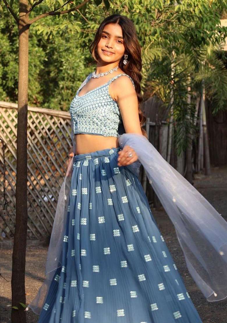 Dark Sky Blue Embroidered Georgette Lehenga Set - Indya