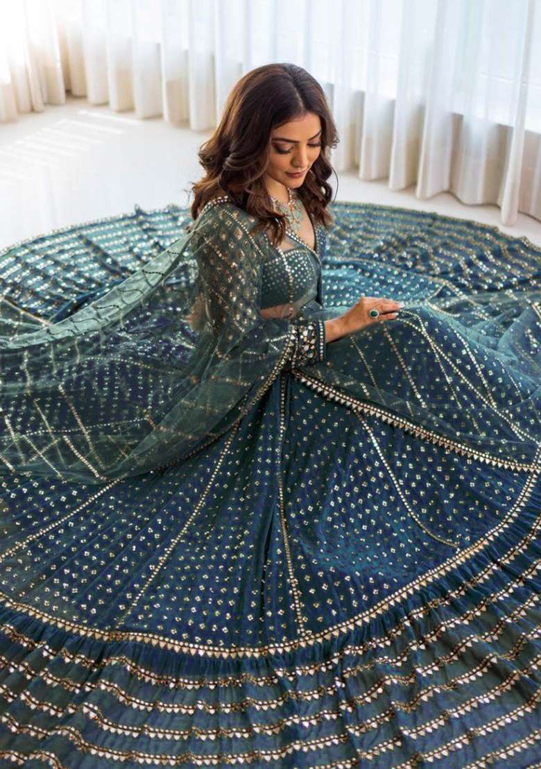 Blue Embroidered Georgette Lehenga Set - Indya