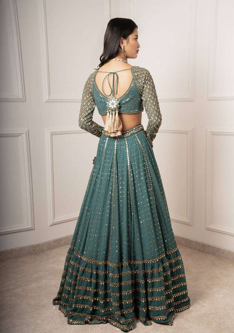 Green Embroidered Georgette Lehenga Set - Indya