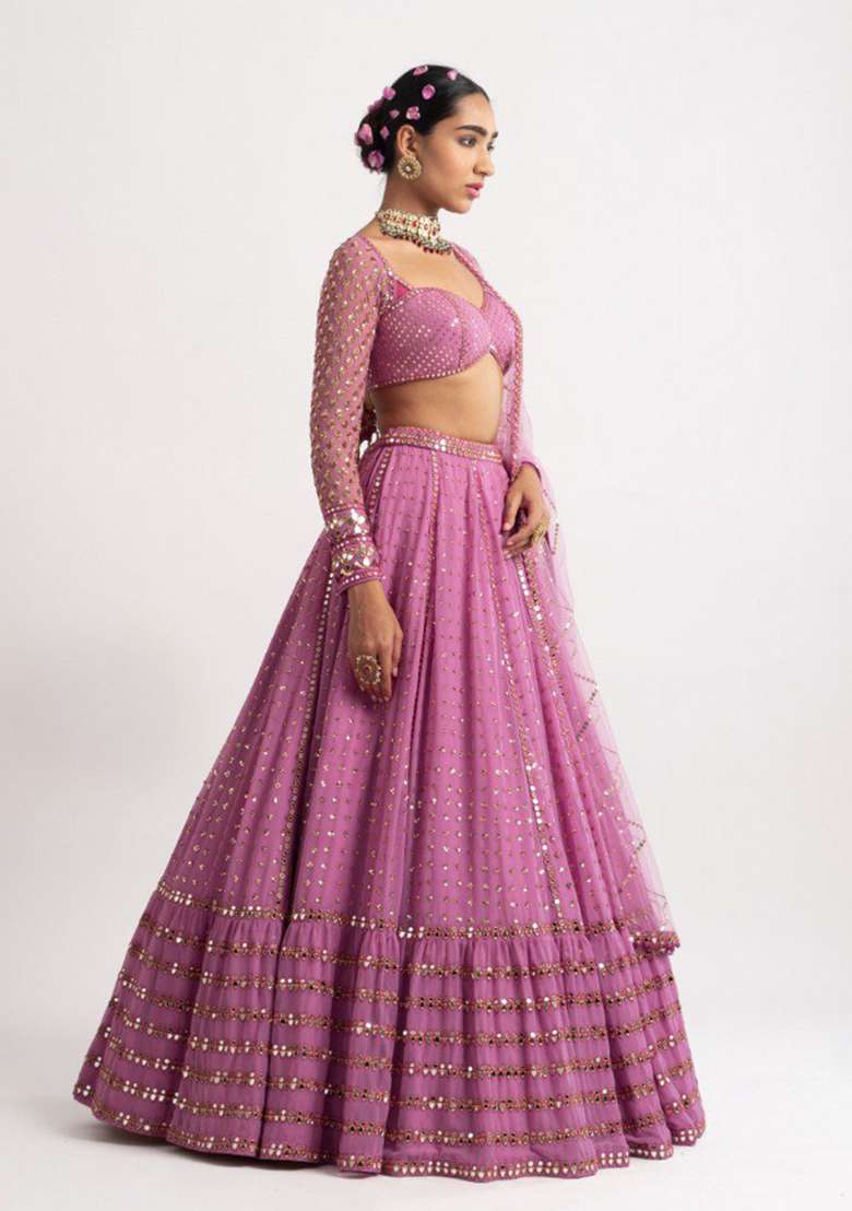 Pink Embroidered Georgette Lehenga Set - Indya