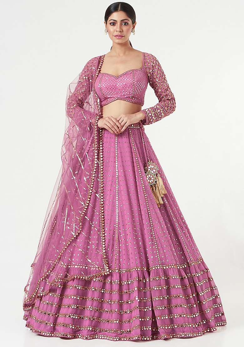Pink Embroidered Georgette Lehenga Set - Indya