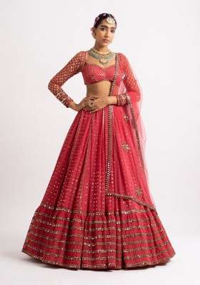 Red Embroidered Georgette Lehenga Set for Diwali and Festive Wear