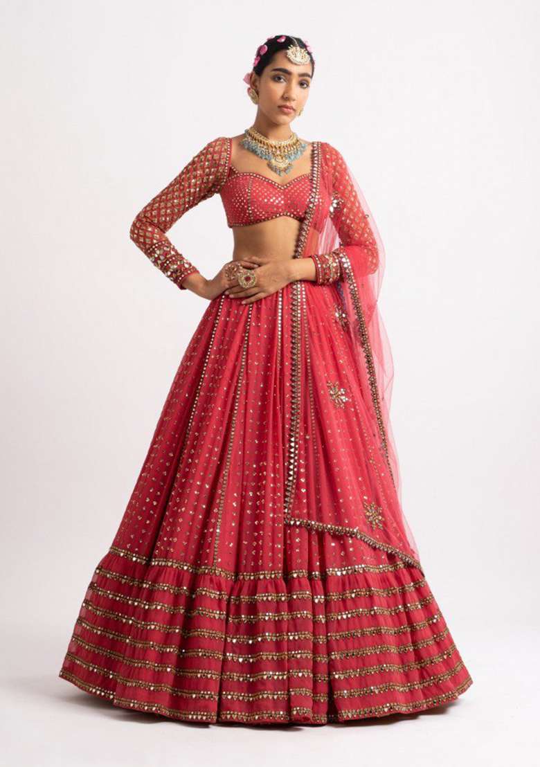 Red Embroidered Georgette Lehenga Set for Diwali and Festive Wear - Indya