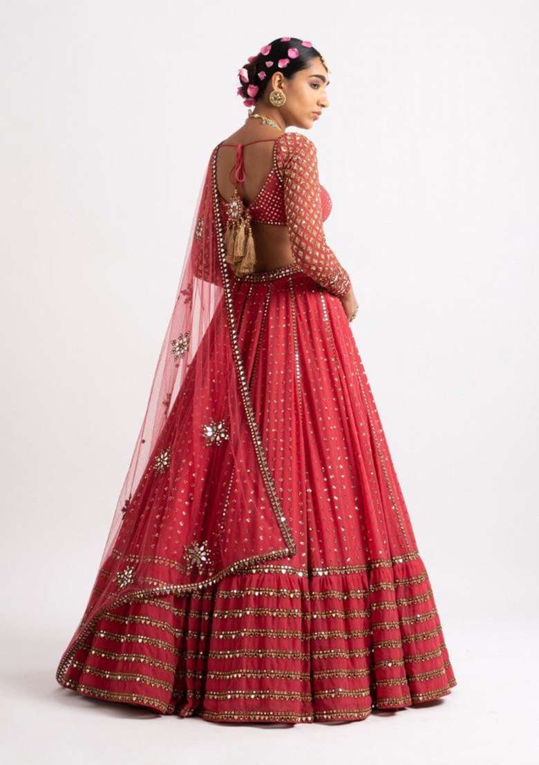 Red Embroidered Georgette Lehenga Set for Diwali and Festive Wear - Indya