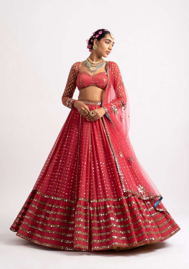 Red Embroidered Georgette Lehenga Set for Diwali and Festive Wear - Indya