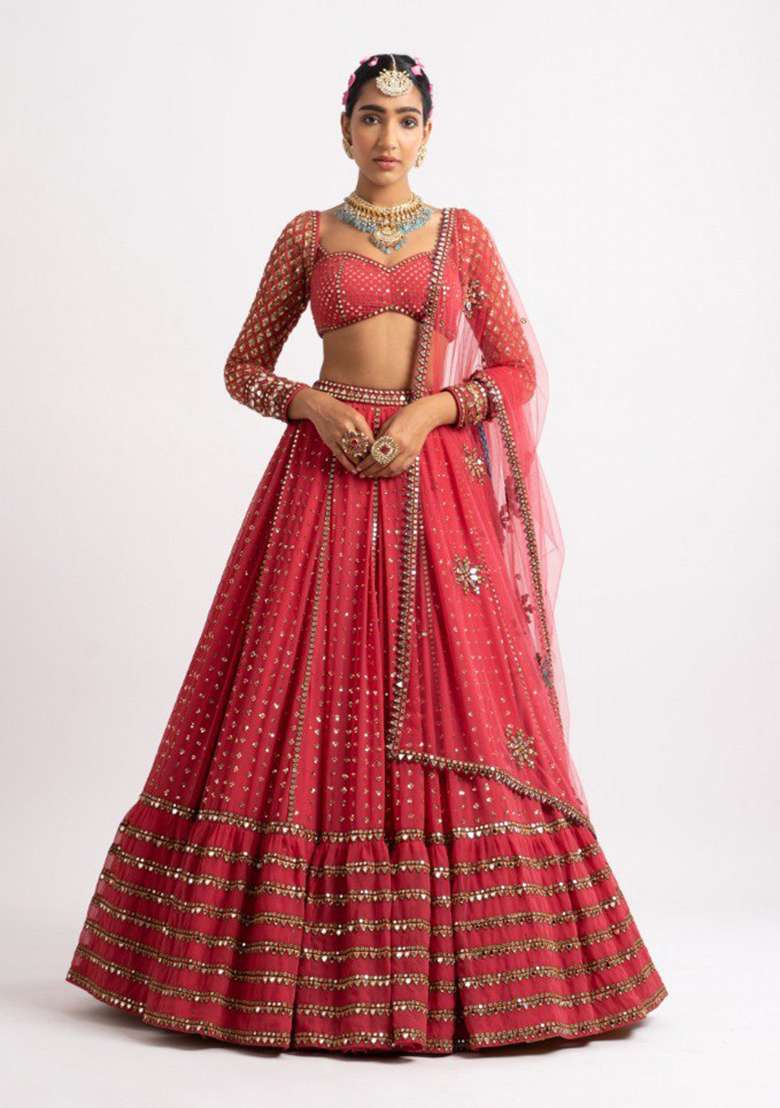 Red Embroidered Georgette Lehenga Set for Diwali and Festive Wear - Indya