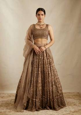 Brown Net Lehenga Set with Embroidered for Diwali | Wedding & Festive Wear