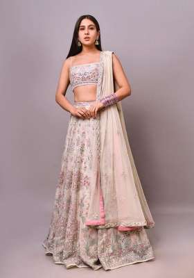 Cream Embroidered Georgette Lehenga Set for Diwali and Festive Wear
