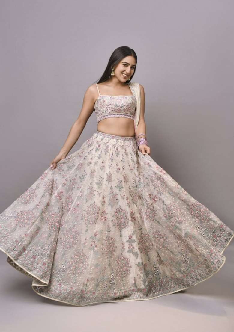 Cream Embroidered Georgette Lehenga Set for Diwali and Festive Wear - Indya
