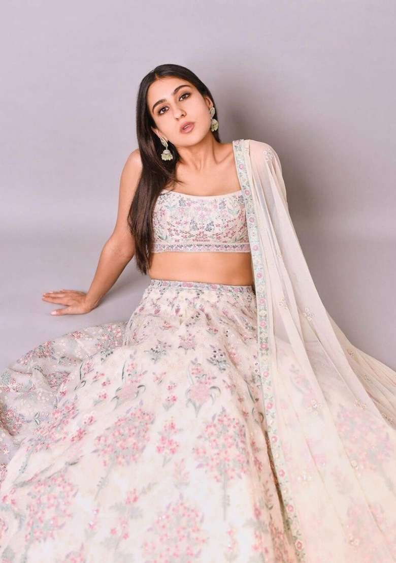 Cream Embroidered Georgette Lehenga Set for Diwali and Festive Wear - Indya