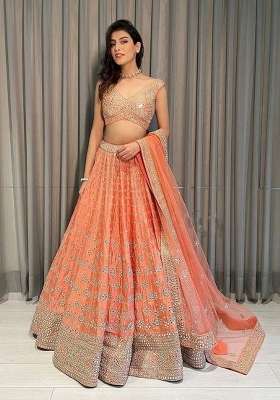 Orange Net Lehenga Set with Embroidered for Diwali | Wedding & Festive Wear