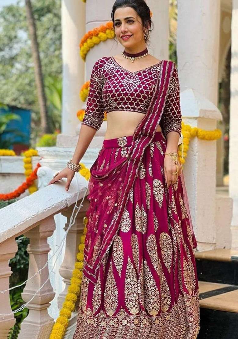 Cherry Red Embroidered Georgette Lehenga Set for Diwali and Festive Wear - Indya