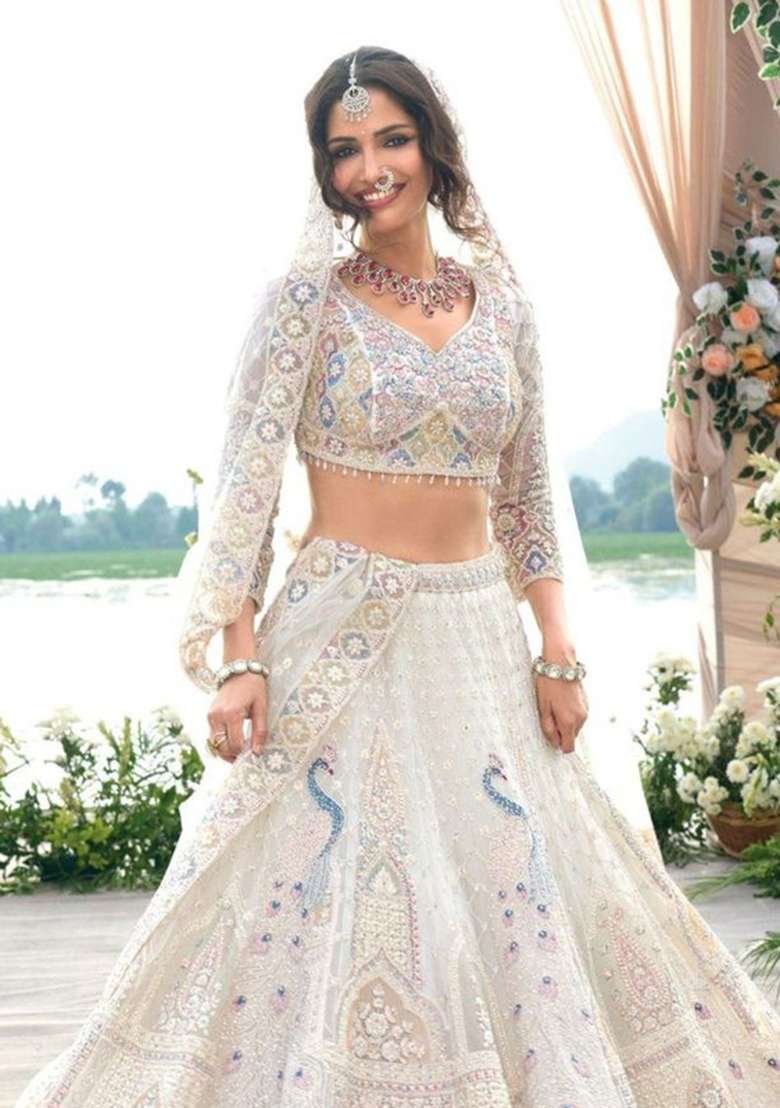 White Embroidered Net Lehenga Set - Indya