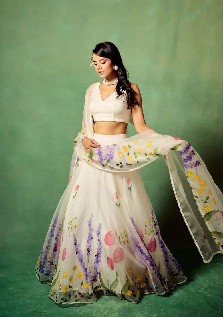 White Printed Organza Lehenga Set - Indya
