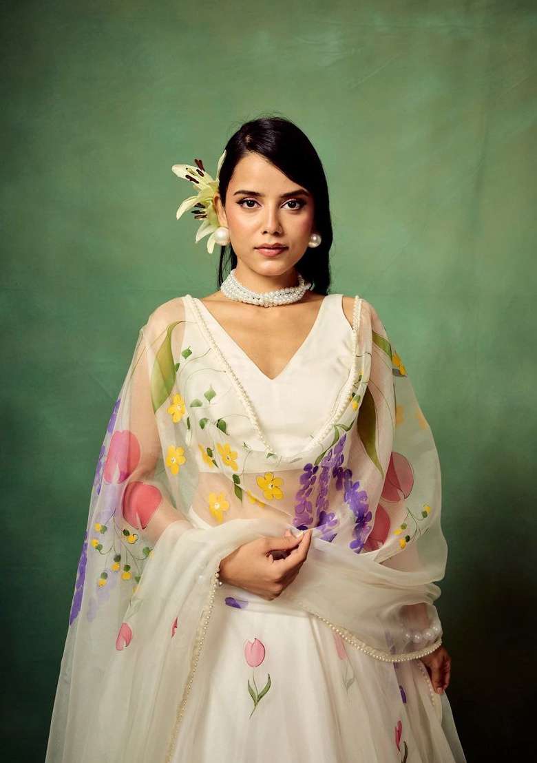 White Printed Organza Lehenga Set - Indya