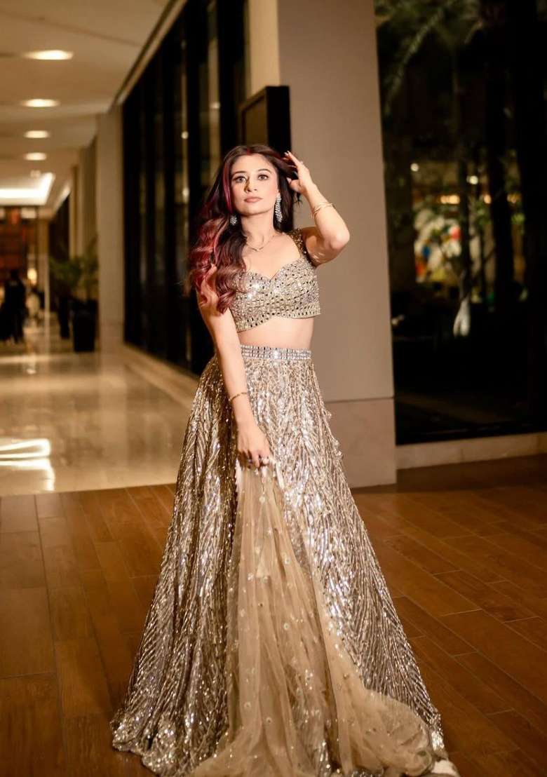 Golden Embroidered Net Lehenga Set - Indya