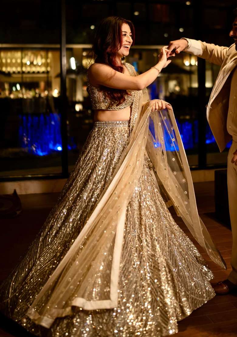 Golden Embroidered Net Lehenga Set - Indya