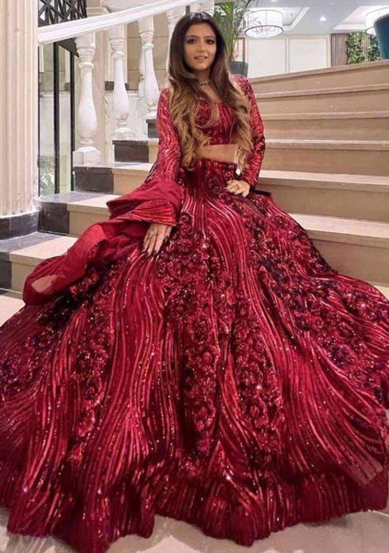Maroon Work Net Lehenga Set with Sequin for Diwali | Wedding & Festive Wear - Indya