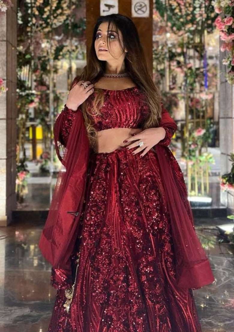 Maroon Work Net Lehenga Set with Sequin for Diwali | Wedding & Festive Wear - Indya