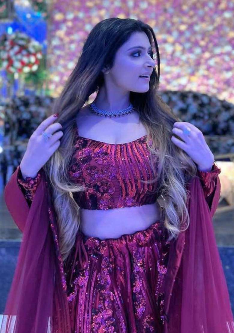 Maroon Sequin Work Net Lehenga Set - Indya