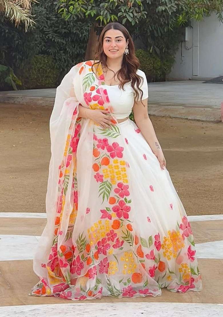 White Printed Organza Lehenga Set - Indya
